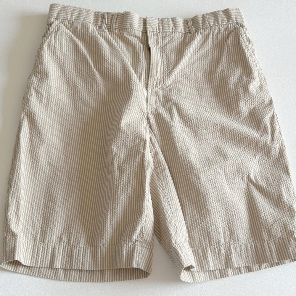 Polo Ralph Lauren Mens Shorts 34 Tan Seersucker Stripe Cinch Back Preppy Coastal